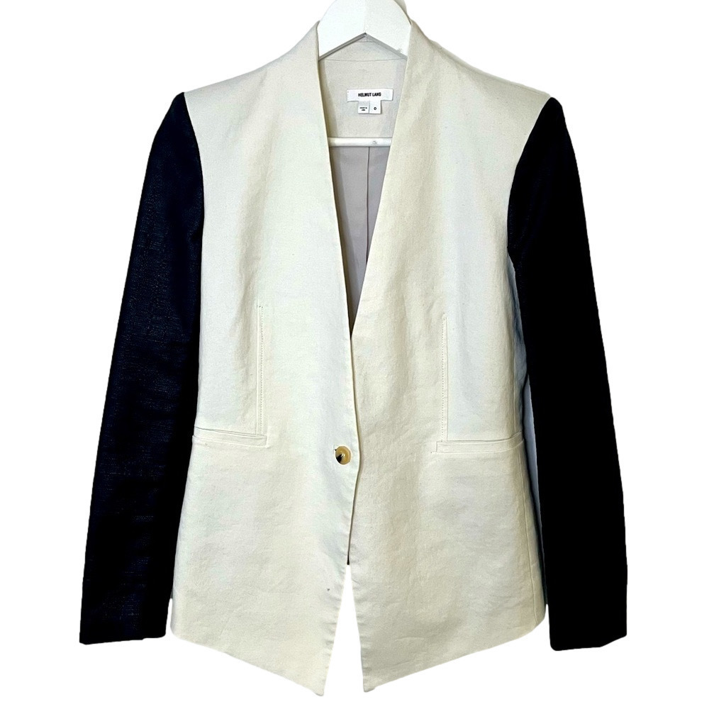 Helmut Lang Women's Single Button Deep V Neck Blazer Jacket Linen Cotton Blend 0